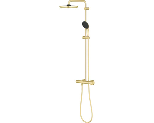 Grohe douchesysteem met thermostaatkraan en hoofddouche en handdouche in metallic look.