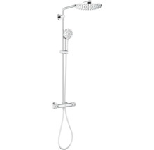 Grohe doucheset met thermostaatkraan, hoofddouche en handdouche in glanzende metaalafwerking
