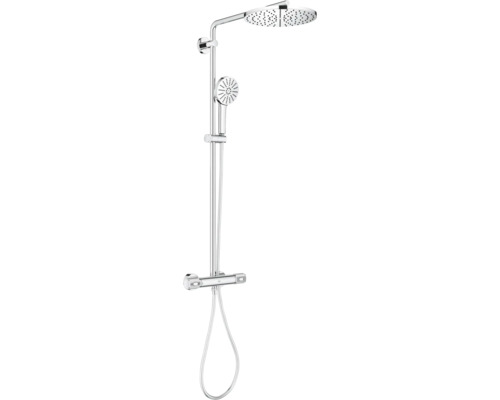 Grohe doucheset met thermostaatkraan, hoofddouche en handdouche in glanzende metaalafwerking