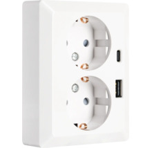 Dubbele randaarde contactdoos voor opbouwmontage met USB-A en USB-C poorten, wit.
