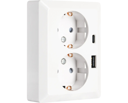 Dubbele randaarde contactdoos voor opbouwmontage met USB-A en USB-C poorten, wit.