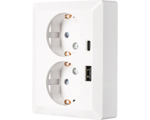 Dubbele wandcontactdoos met randaarde, één USB-A-poort en één USB-C-poort, voor opbouwmontage.