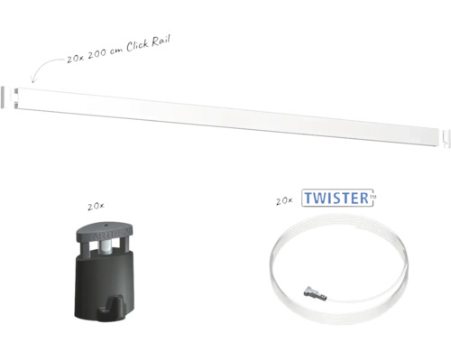 Set met 20 Click Rail schilderijrails van 200 centimeter, 20 haken en 20 Twister perlonkoorden voor professionele ophanging van schilderijen.