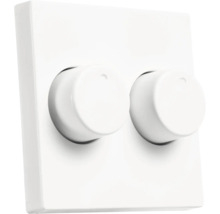 Tweevoudige draaidimmer in wit met vierkant afdekraam en twee ronde draaiknoppen.