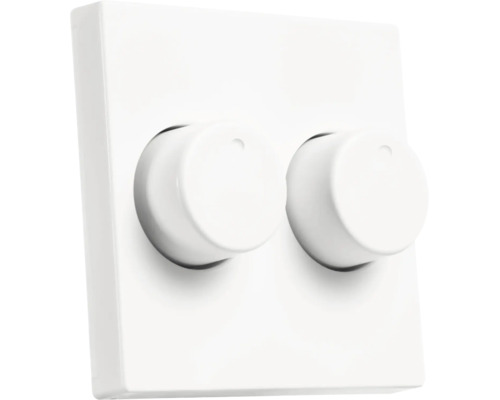 Tweevoudige draaidimmer in wit met vierkant afdekraam en twee ronde draaiknoppen.