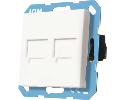 Tweevoudige netwerkaansluiting met blauwe draagring voor RJ45 Keystone-modules, inbouwelement in wit.