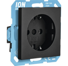 ION Industries geaard stopcontact in zwart met blauwe draagring, 16 Ampère en 250 Volt.