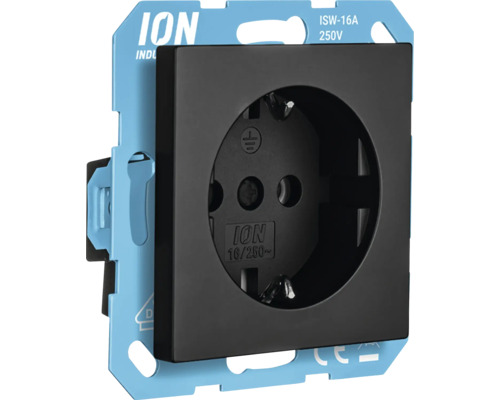 ION Industries geaard stopcontact in zwart met blauwe draagring, 16 Ampère en 250 Volt.