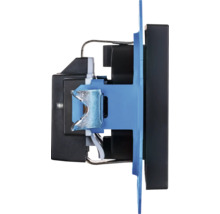 Zij-aanzicht van een inbouwlichtschakelaar met blauwe draagring, spreidklemmen en zwarte behuizing.