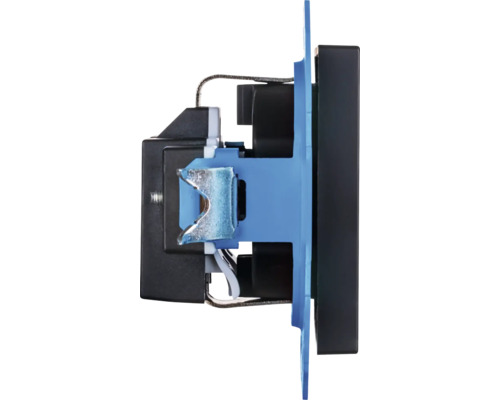 Zij-aanzicht van een inbouwlichtschakelaar met blauwe draagring, spreidklemmen en zwarte behuizing.