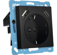 ION Industries wandcontactdoos met randaarde in zwart, voorzien van USB-A en USB-C aansluitingen en een blauw montageraam.