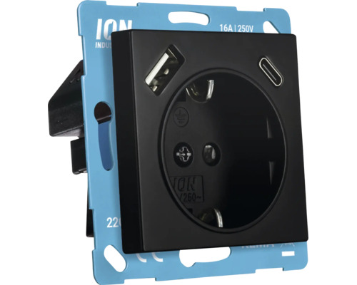 ION Industries wandcontactdoos met randaarde in zwart, voorzien van USB-A en USB-C aansluitingen en een blauw montageraam.