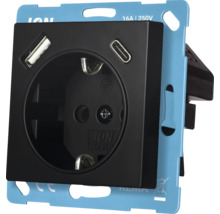 Stopcontact met USB-A en USB-C aansluiting, 16 Ampère en 250 Volt, voor inbouwmontage.