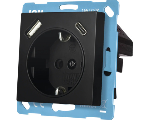 Stopcontact met USB-A en USB-C aansluiting, 16 Ampère en 250 Volt, voor inbouwmontage.