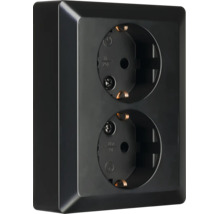 Zwart opbouw dubbel stopcontact met randaarde, verticaal geplaatst.