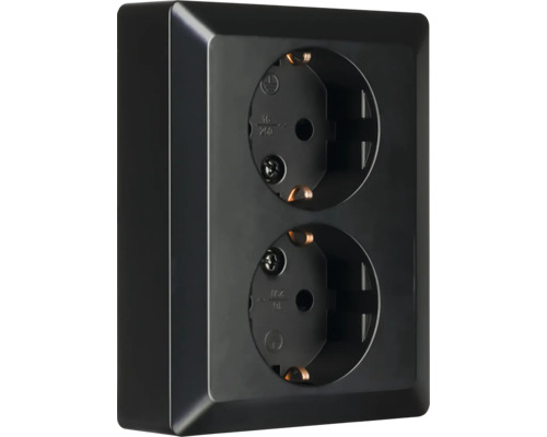 Zwart opbouw dubbel stopcontact met randaarde, verticaal geplaatst.