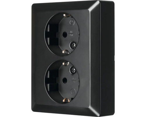 Dubbele opbouwcontactdoos Schuko in het zwart voor opbouwmontage.
