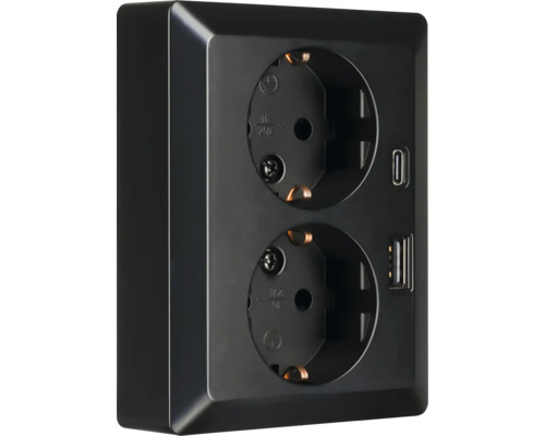 Dubbel opbouwstopcontact met USB-A- en USB-C-aansluiting in zwart