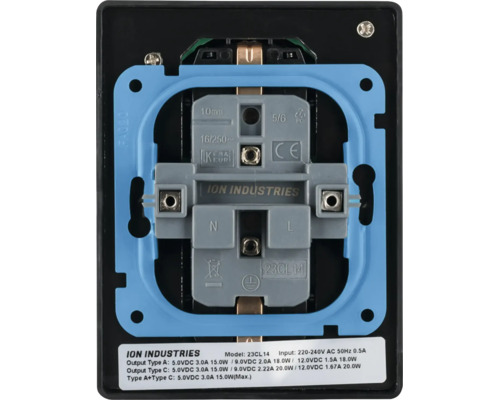 Achterkant van een ION INDUSTRIES stopcontact met aansluitklemmen en blauw montageframe.