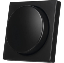 Zwarte dimmer met ronde draaiknop en vierkant afdekraam, matte afwerking.