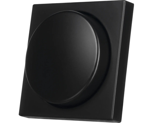 Zwarte dimmer met ronde draaiknop en vierkant afdekraam, matte afwerking.