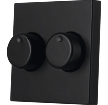 Zwarte tweevoudige draaidimmer met twee draaiknoppen op een vierkante afdekplaat.
