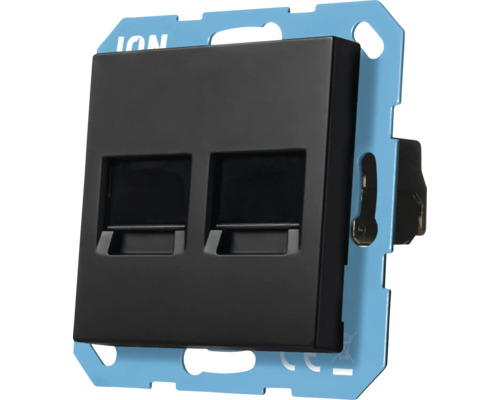 Tweevoudige netwerkaansluiting RJ45 in het zwart met blauwe draagring voor inbouwmontage