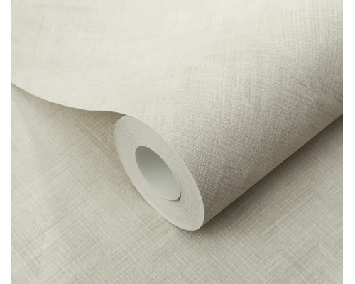 Een rol vliesbehang met een fijne linnenlook en een gestructureerd oppervlak in een neutrale tint