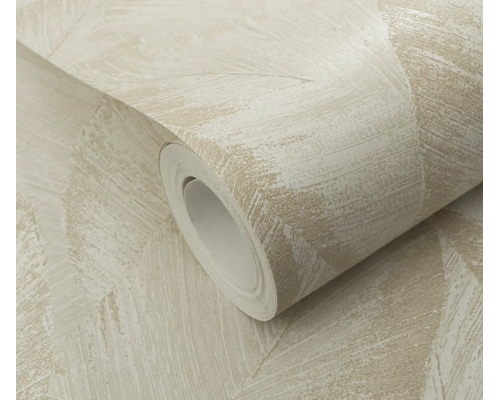 Een rol vliesbehang met een abstract bladerpatroon en gestructureerd oppervlak.