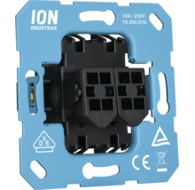 Inbouwelement voor serieschakelaar van ION Industries met lichtblauwe draagring en zwarte sokkel.