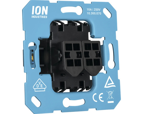 Inbouwelement voor serieschakelaar van ION Industries met lichtblauwe draagring en zwarte sokkel.