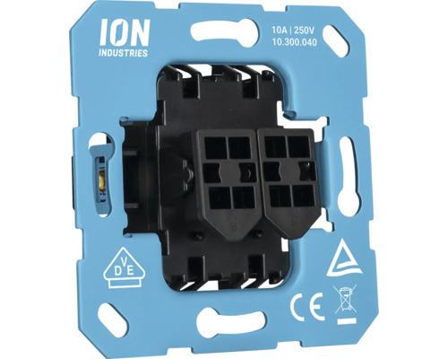 ION Industries dubbele lichtschakelaar basiselement met blauwe draagring, 10 Ampère, 250 Volt, VDE- en CE-gecertificeerd.