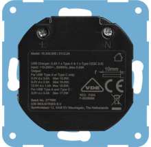 Achterzijde van een ION INDUSTRIES inbouw USB-lader met technische specificaties, CE- en VDE-keurmerk.