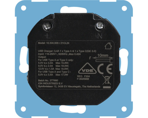 Achterzijde van een ION INDUSTRIES inbouw USB-lader met technische specificaties, CE- en VDE-keurmerk.