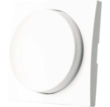 Een ronde, platte dimmer draaiknop voor inbouwmontage in een vierkant frame.