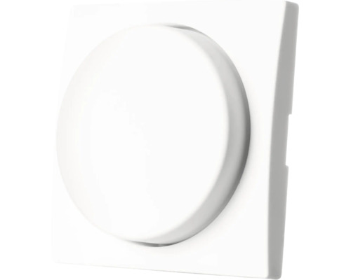 Een ronde, platte dimmer draaiknop voor inbouwmontage in een vierkant frame.