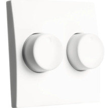 Een dubbele draaidimmer met twee ronde bedieningsknoppen op een vierkante afdekplaat voor lichtregulering.