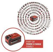 Einhell Power X-Change accu met een overzicht van talrijke compatibele gereedschappen en tuinmachines uit het systeem.