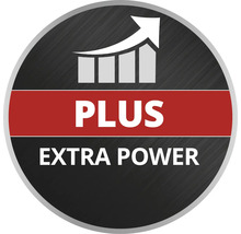 Symbool voor extra vermogen met de tekst Plus Extra Power en een stijgende grafiek.