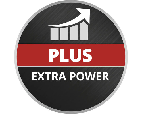 Symbool voor extra vermogen met de tekst Plus Extra Power en een stijgende grafiek.
