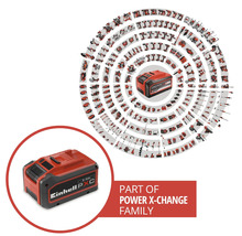 Einhell Power X-Change accu als onderdeel van een uitgebreid systeem met talrijke compatibele gereedschappen en tuinmachines.