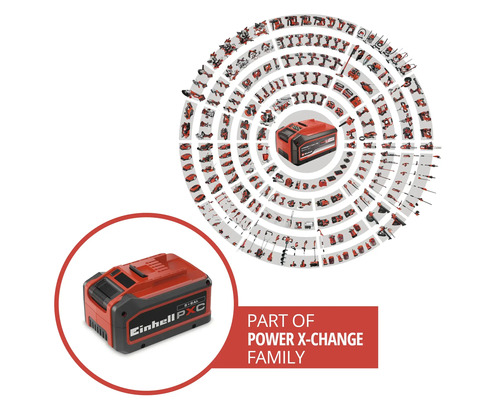 Einhell Power X-Change accu als onderdeel van een uitgebreid systeem met talrijke compatibele gereedschappen en tuinmachines.