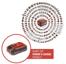 Einhell accu met het opschrift Einhell Power X-Change omringd door talrijke compatibele gereedschappen en tuingereedschappen