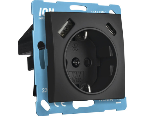 Schuko wandcontactdoos met USB poort en type C oplaadpoort van ION Industries voor inbouwmontage
