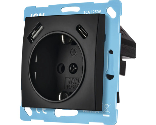 Stopcontact met USB A en USB C aansluiting met 16 Ampère en 250 Volt nominale spanning voor inbouwmontage