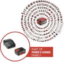 Einhell Power X-Change accu en lader set voor een overzicht van talrijke compatibele elektrische gereedschappen en tuingereedschappen.