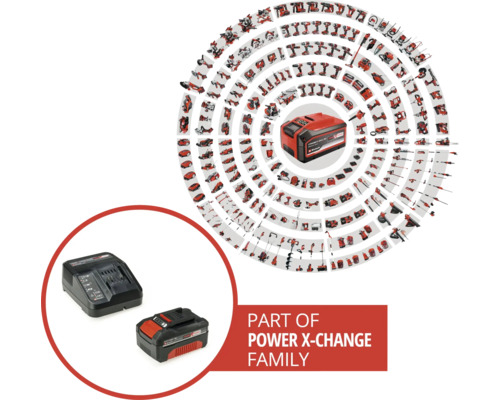 Einhell Power X-Change accu en lader set voor een overzicht van talrijke compatibele elektrische gereedschappen en tuingereedschappen.