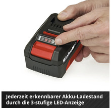 Einhell accu met Einhell Logo en een hand die de knop van de drietraps laadniveau-indicator indrukt.