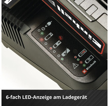 Einhell acculader met 6-traps LED-statusindicatie en symbolen voor laadvoortgang en foutmeldingen. Einhell Logo.