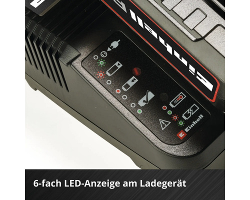 Einhell acculader met 6-traps LED-statusindicatie en symbolen voor laadvoortgang en foutmeldingen. Einhell Logo.
